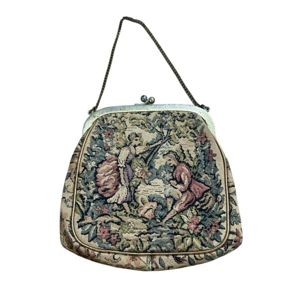 Vintage Tapestry Purse Metal Frame Chain Handle Romantic Scene Handbag - - Picture 3 of 4